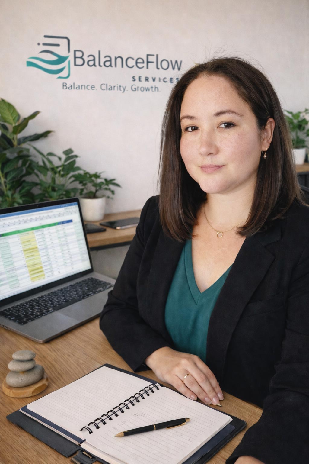 Professional bookkeeper at her workspace — focused, reliable, detail-oriented